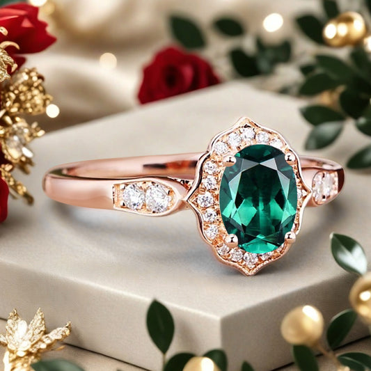 Vintage Emerald Engagement Ring Oval Shape Anniversary Ring Solid Gold Solitaire Ring for Women