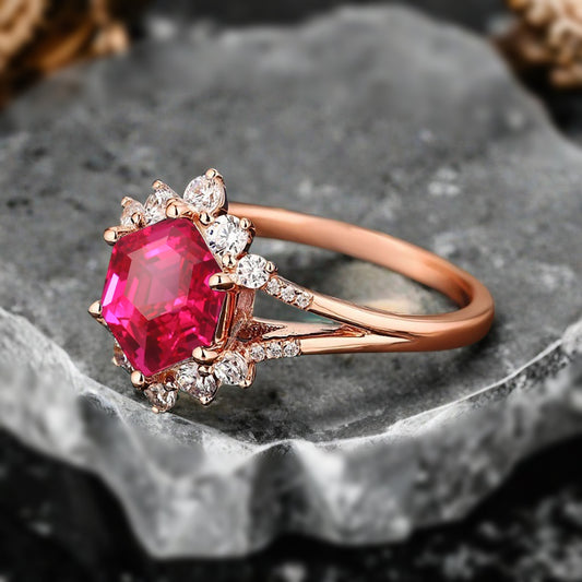 Vintage Ruby Engagement Ring Hexagon Shape Anniversary Ring Solid Gold Solitaire Unique Ruby Ring for Women