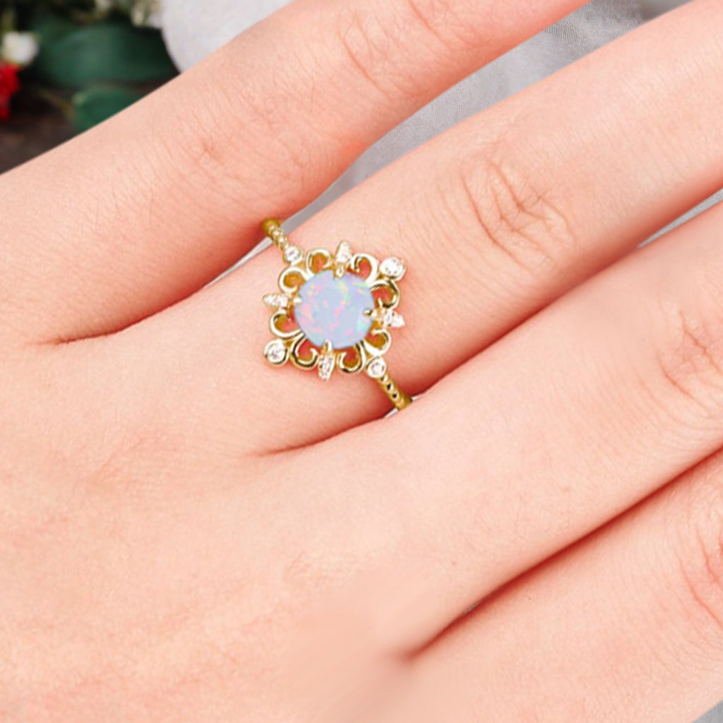 Vintage Round Opal Engagement Ring Solid Rose Gold Leaf Ring Pink-White Opal Bridal Ring Unique Promise Anniversary Gift