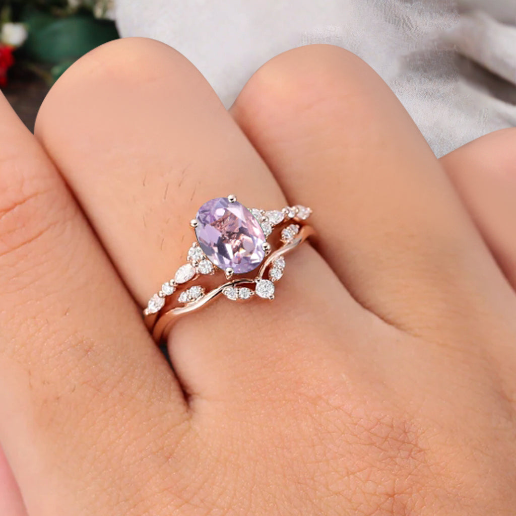 Oval Cut Amethyst Engagement Women Ring Vintage Violet Amethyst Rose Gold Art Deco Diamond Cluster Bridal Anniversary Wedding Ring Set