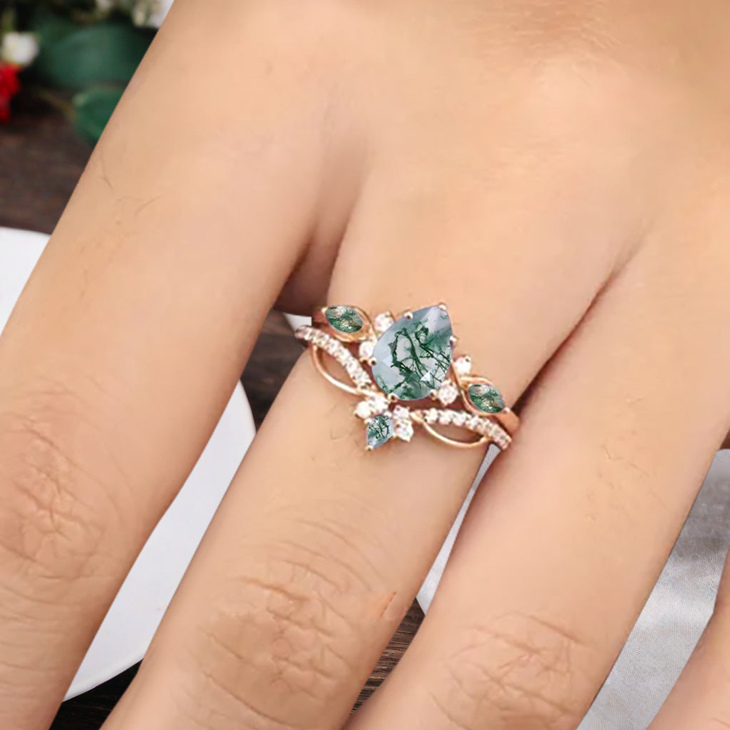 Vintage Pear Shape Moss Agate Engagement Ring Set Unique Gemstone Promise Bridal Ring Set Anniversary Gift