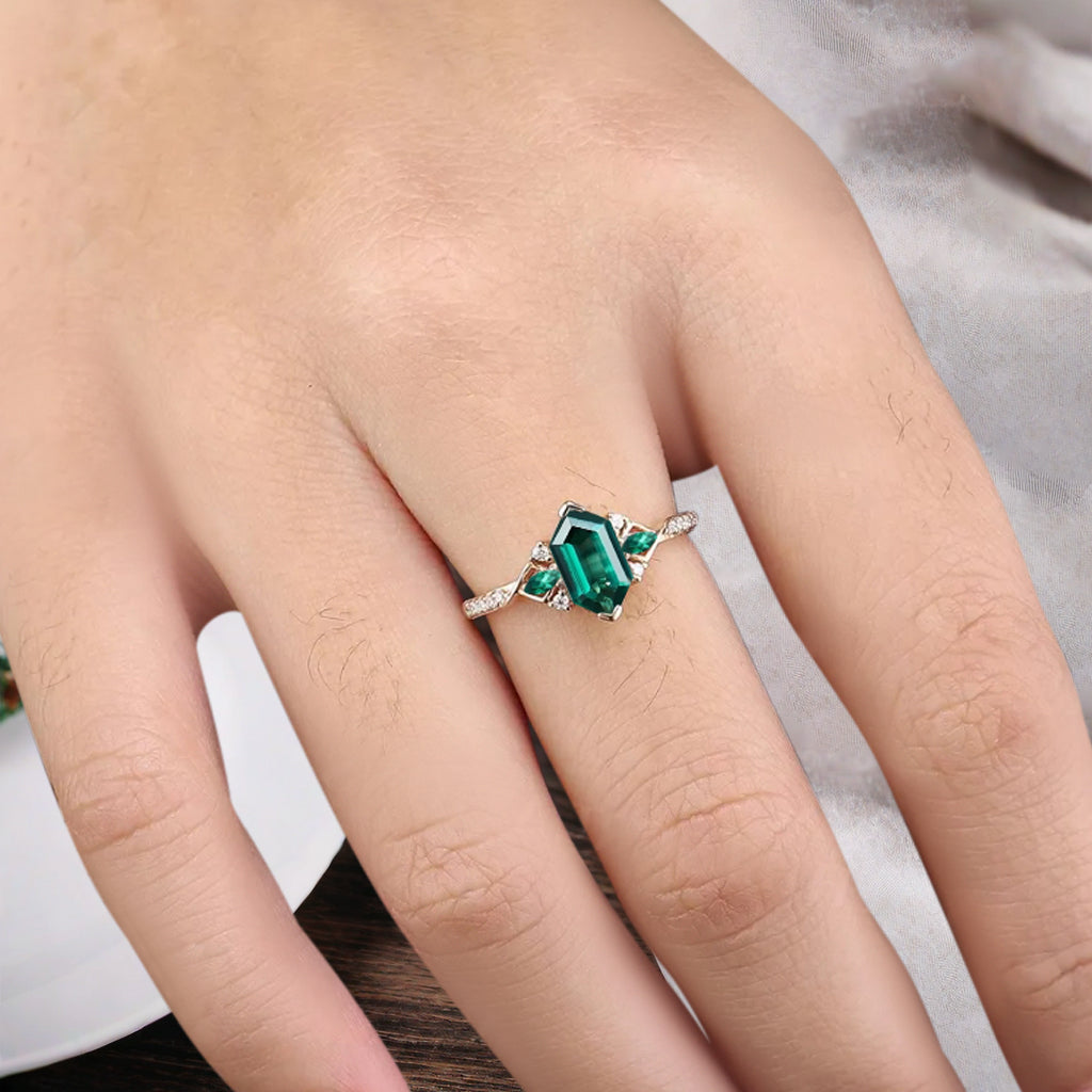 Hexagon Emerald Engagement Ring Emerald Moissanite Cluster Promise Ring Rose Gold Art Deco Ring Custom Handmade Bridal Ring