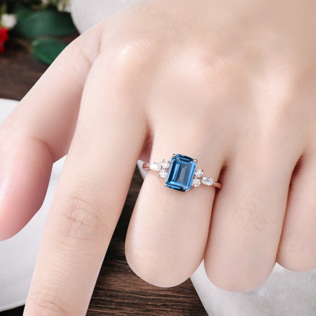 Vintage Birnenform Aquamarin Verlobungsring Set Unikat Versprechen Brautring Set Jubiläumsgeschenk