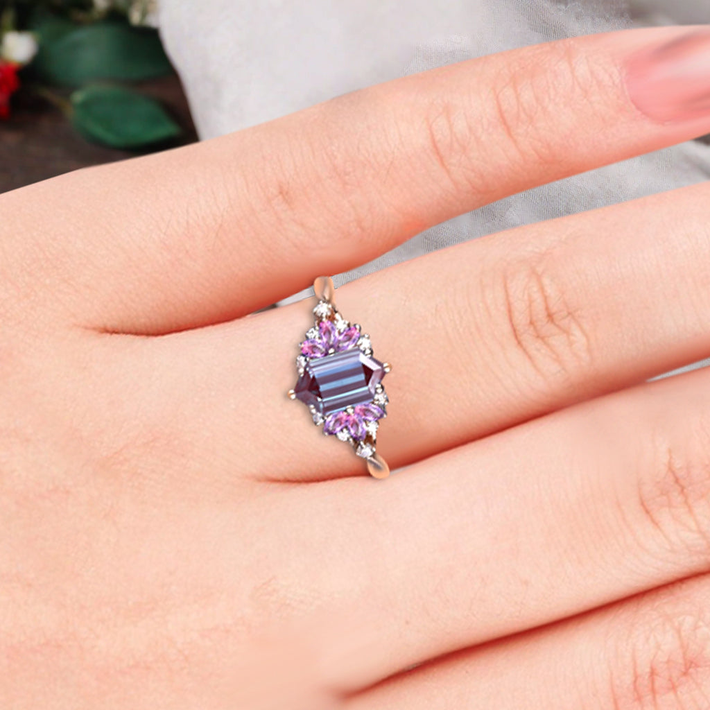 Vintage Hexagon Cut Alexandrite Engagement Ring Amethyst Wedding Ring Art Deco Rose Gold Dainty Bridal Ring Anniversary Ring