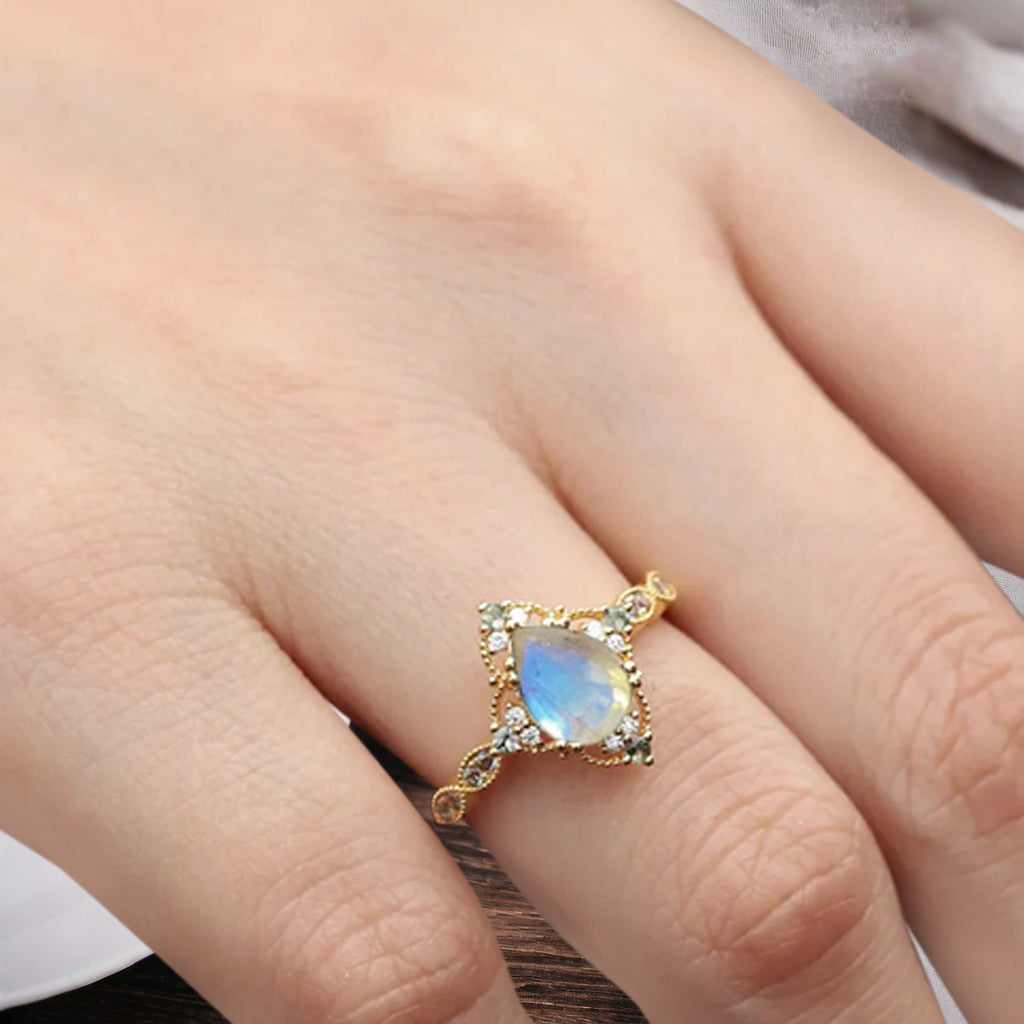 Vintage Moonstone Engagement Ring Pear Shape White-Blue Gemstone Anniversary Ring Solid Gold Solitaire Unique Moonstone Ring for Women