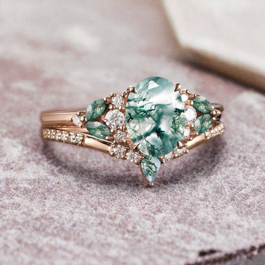 Vintage Oval Moss Agate Engagement Ring Set Unique Moss Agate Sidestones Oval Gemstone Promise Ring Set