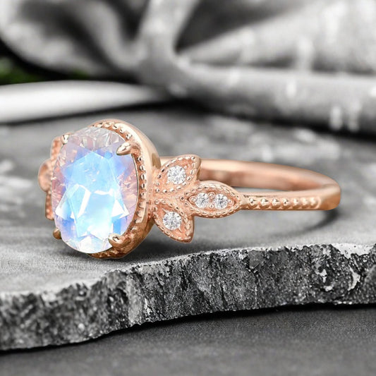Unique Vintage Oval Cut Moonstone Ring Solid 18k Rose Gold Ring Handmade Moonstone Engagement Ring Promise Bridal Ring Anniversary Gift Ver2