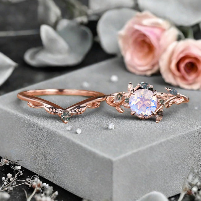 1ct Round Nature Inspired Flower Natural Pink Sapphire Wedding Ring Set Rose Gold Pink Sapphire Moss Agate Bridal Ring Set Unqiue Gift