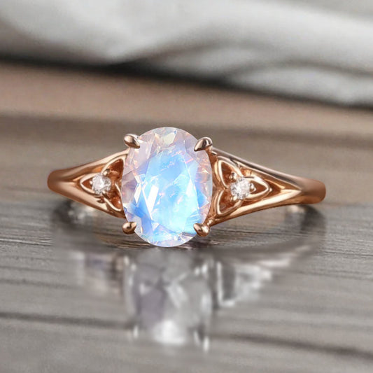 Oval Cut Moonstone Engagement Ring Vintage Unique Rose Gold Blue-White Agate Wedding Ring Handmade Bridal Promise Ring Anniversary Gift Ring