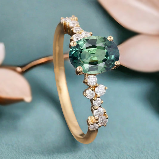 Unique Tsavorite Ring 14K Solid Gold Vintage Oval Green Tsavorite Engagement Ring Art Deco Moissanite Promise Ring Anniversary Gift For Women
