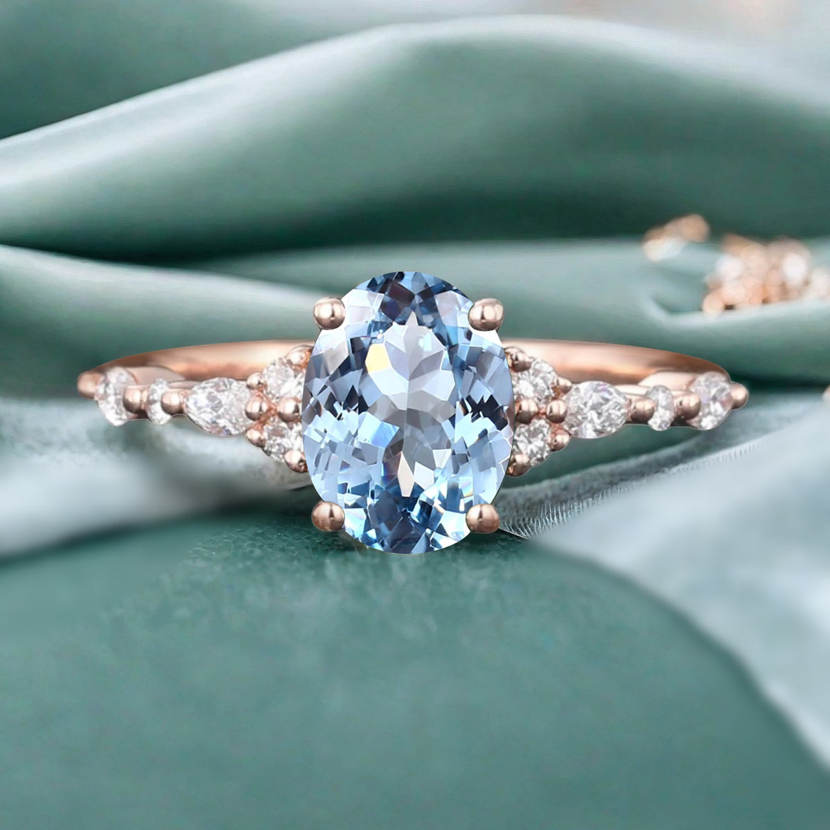Oval Cut Blue Aquamarine Engagement Women Ring Vintage Aquamarine Rose Gold Art Deco Diamond Cluster Bridal Anniversary Wedding Ring Set