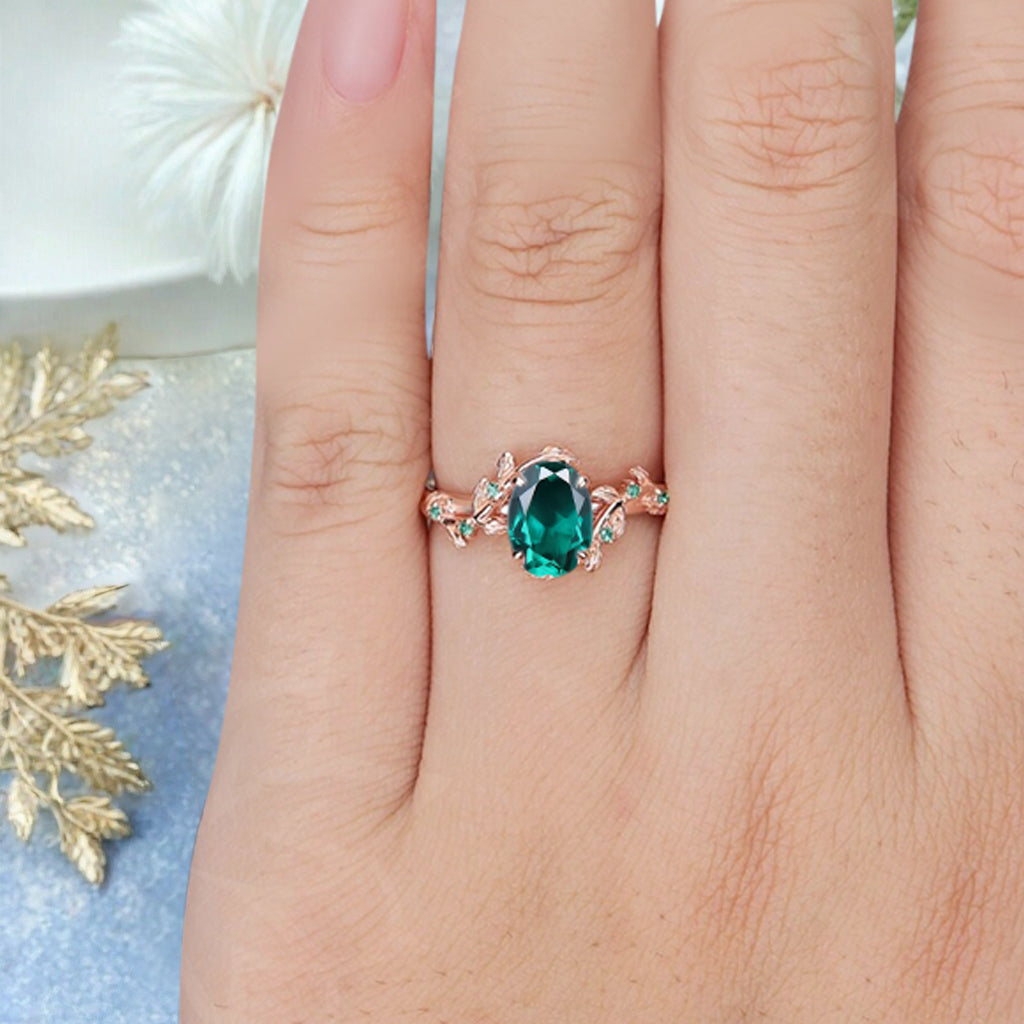 Vintage Oval Cut Emerald Engagement Ring Branch Ring Art Deco Emerald Wedding Ring Solid 18k Rose Gold Leaf Ring Bridal Promise Ring Gift For Her