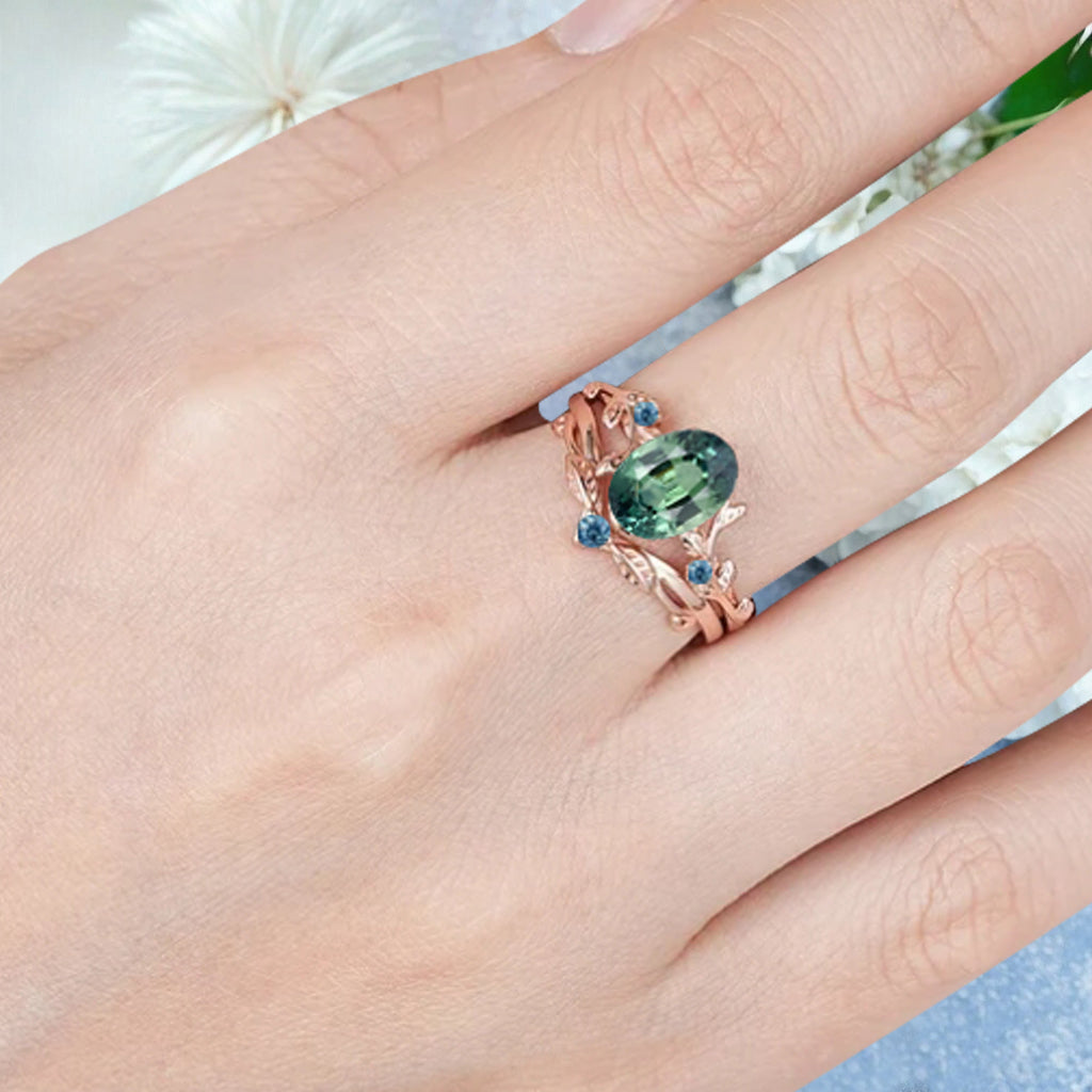 Vintage Oval Cut Tsavorite Engagement Leaf Ring Set Unique Wedding Ring Set Art Deco Bridal Ring Set Stackable Ring