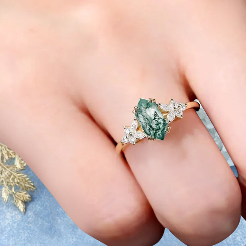 Bague de fiançailles vintage en saphir bleu-vert taille hexagonale Bague de promesse de mariage en saphir bleu-vert