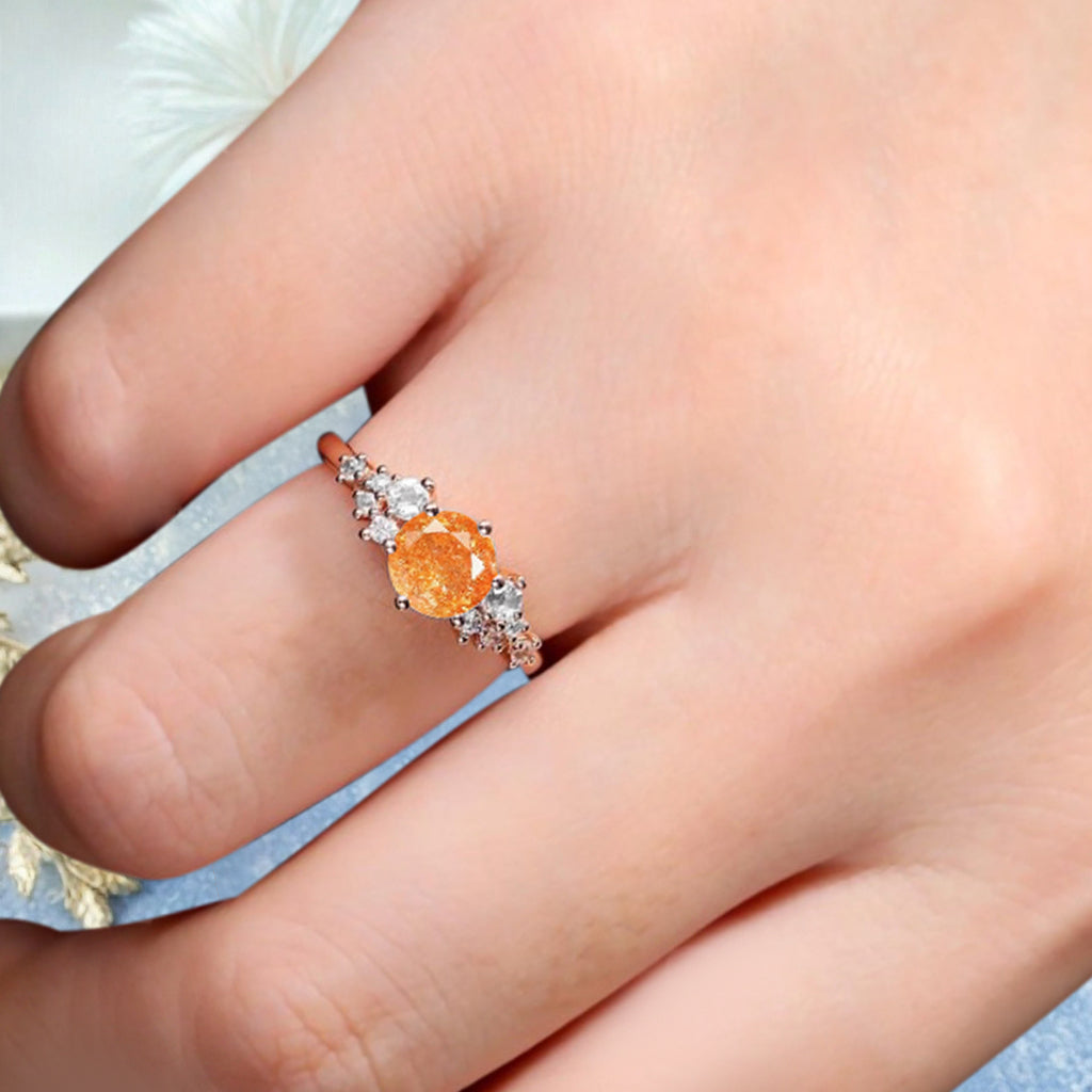 Vintage Sunstone Engagement Ring, Unique Cluster Bridal Ring, Round Moissanite Ring, Rose Gold Birthstone Wedding Ring,Promise Anniversary Ring