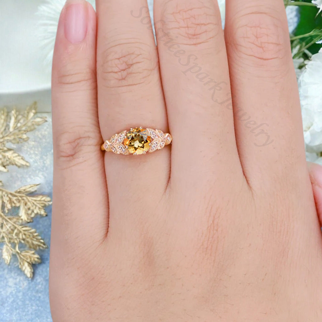 Round Cut Citrine Engagement Ring Leaf Marquise Moissanite Vintage Citrine Wedding Floral Ring Promise Anniversary Gift