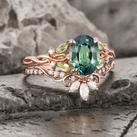 Unique Oval Cut Tsavorite Engagement Ring Set Vintage Rose Gold Art Deco Cluster Peridot Moissanite Bridal Wedding Ring Set Gifts
