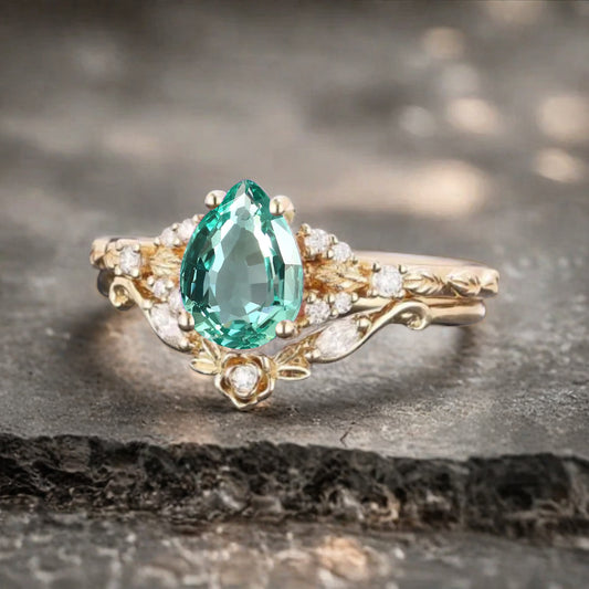 Pear cut Tsavorite engagement ring set rose gold pear cut tsavorite ring unique moissanite wedding band marquise moissanite band stack set