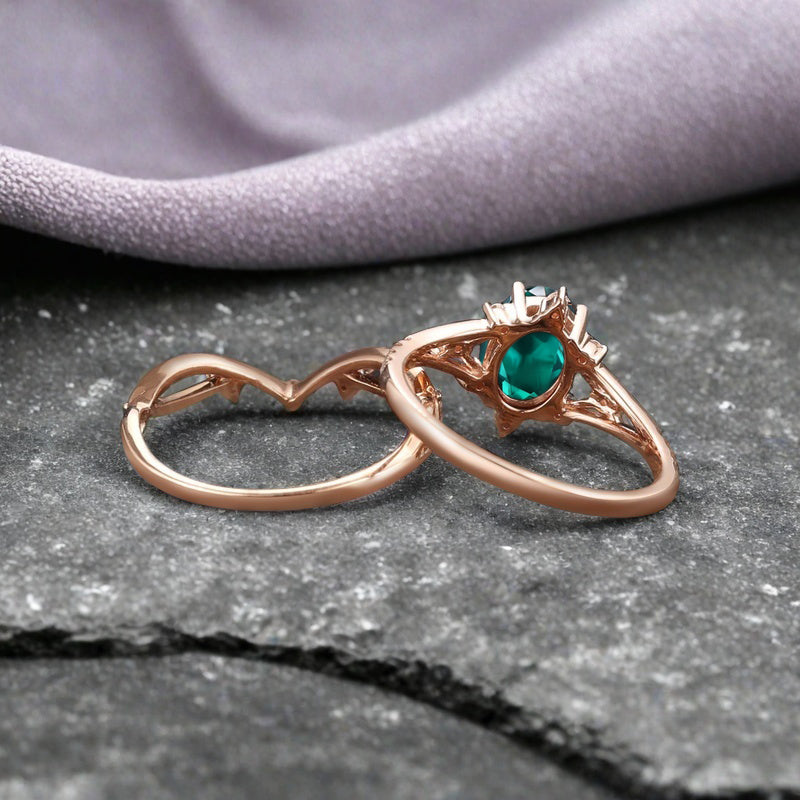 Vintage Oval Shape Emerald Engagement Ring Set Unique Emerald Gemstone Promise Bridal Ring Set Anniversary Gift