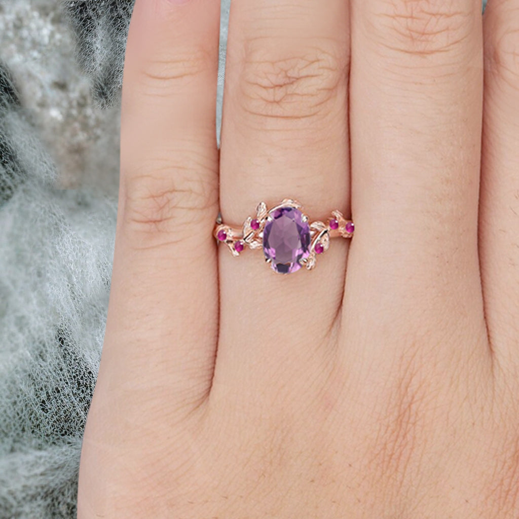 Vintage Oval Cut Amethyst Engagement Ring Branch Ring Art Deco Amethyst Wedding Ring Solid 18k Rose Gold Leaf Ring Bridal Promise Ring Gift For Her