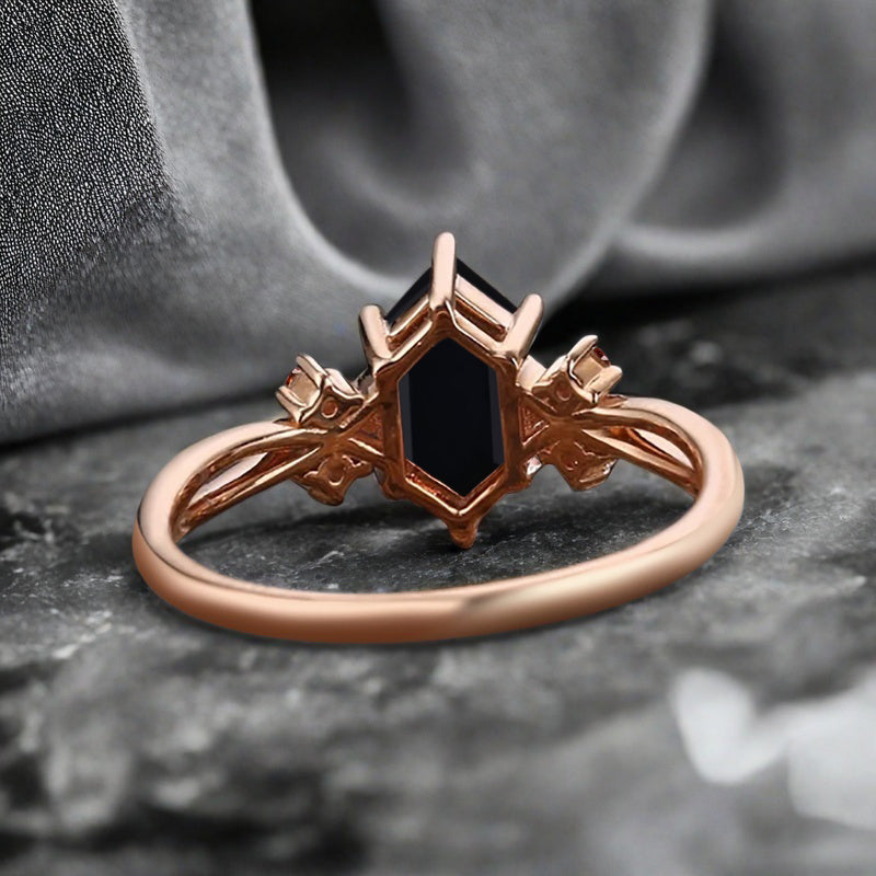 Vintage Hexagon Cut Black Onyx Gemstone Engagement Ring Black Onyx Wedding Promise Ring