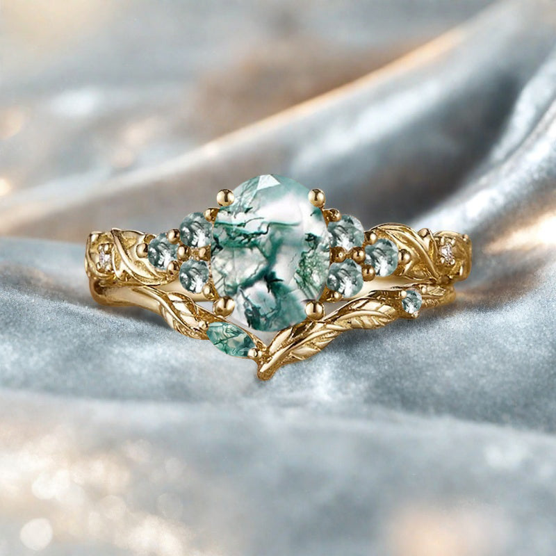 Vintage Oval Shape Moss Agate Engagement Ring Set Unique Pink Sapphire Gemstone Promise Bridal Ring Set Anniversary Gift