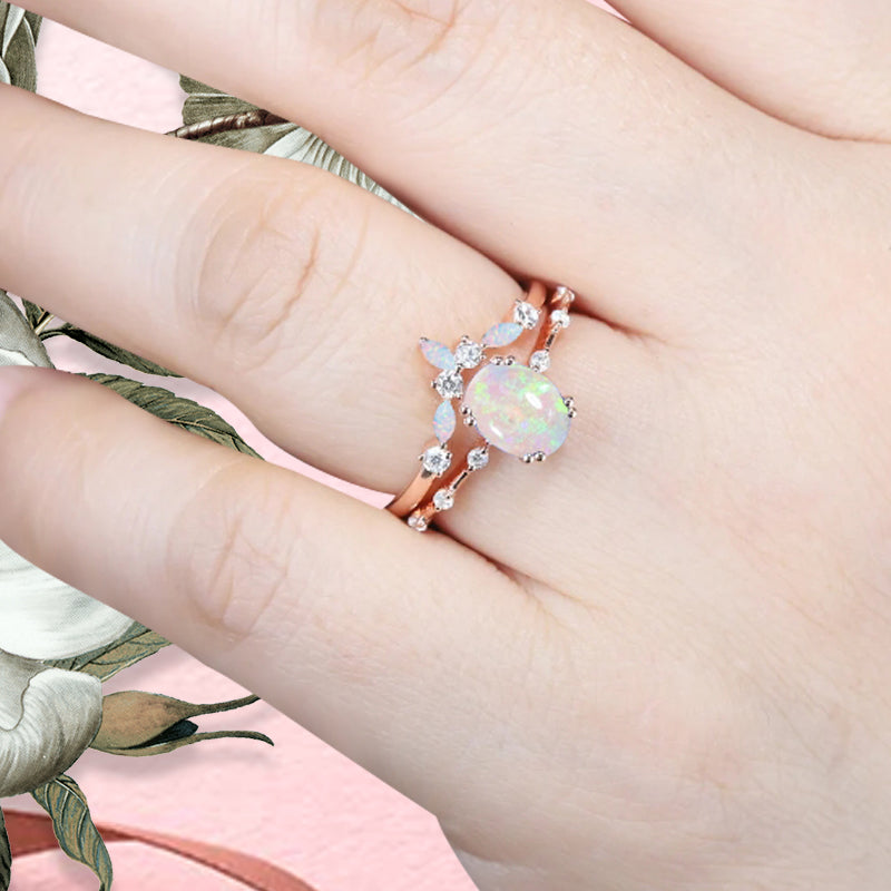 Vintage Oval Shape Opal Enhancer Ring Set Unique Opal Gemstone Promise Bridal Ring Set