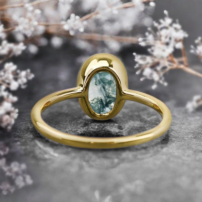 Unique Vintage Oval Cut Natural Moss Agate Ring Solitaire Engagement Ring Art Deco Moss Agate Ring Handmade Rose Gold Bridal Promise Ring