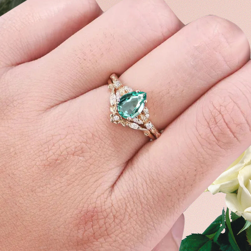 Pear cut Tsavorite engagement ring set rose gold pear cut tsavorite ring unique moissanite wedding band marquise moissanite band stack set