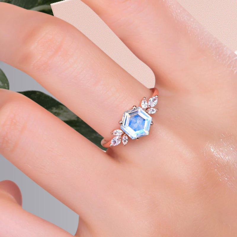 Vintage Blue-White Agate Wedding Ring Hexagon Cut Moonstone Engagement Ring Unique Bridal Ring Art Deco Moonstone Ring Anniversary Gift Ring