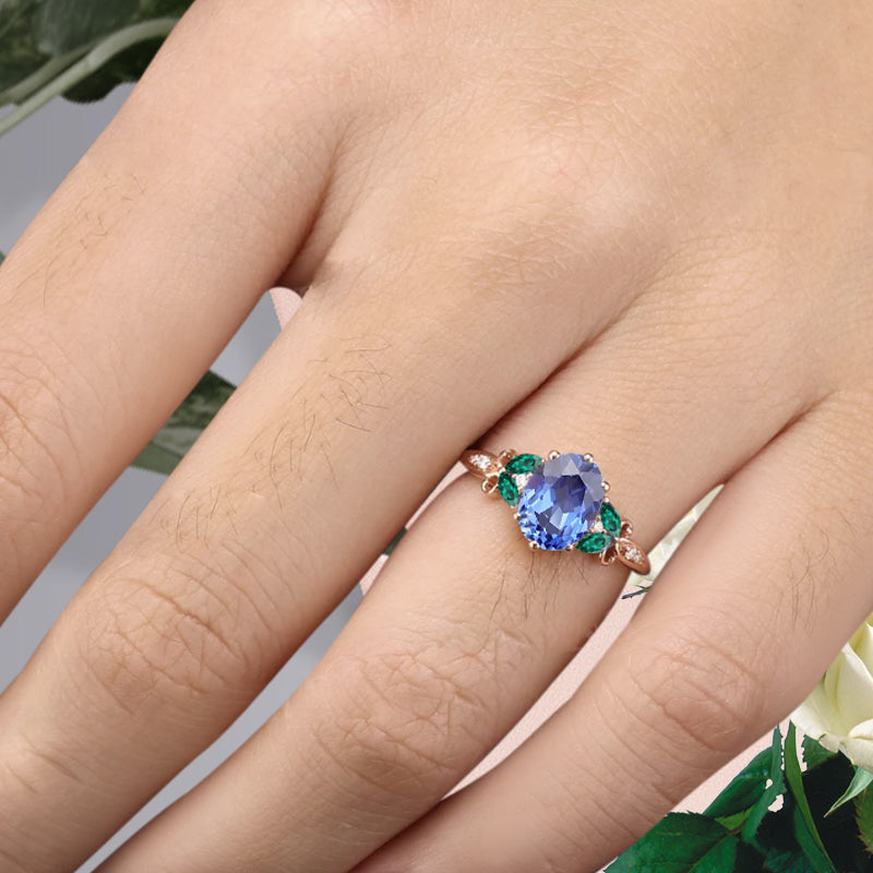 Vintage Oval Blue Topaz Engagement Ring Unique Emerald Sidestones Oval Gemstone Promise Ring Ver.2