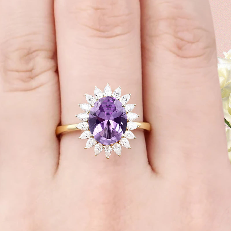 Vintage Amethyst Engagement Ring Oval Shape Anniversary Ring Solid Gold Solitaire Unique Amethyst Ring for Women Ver.2