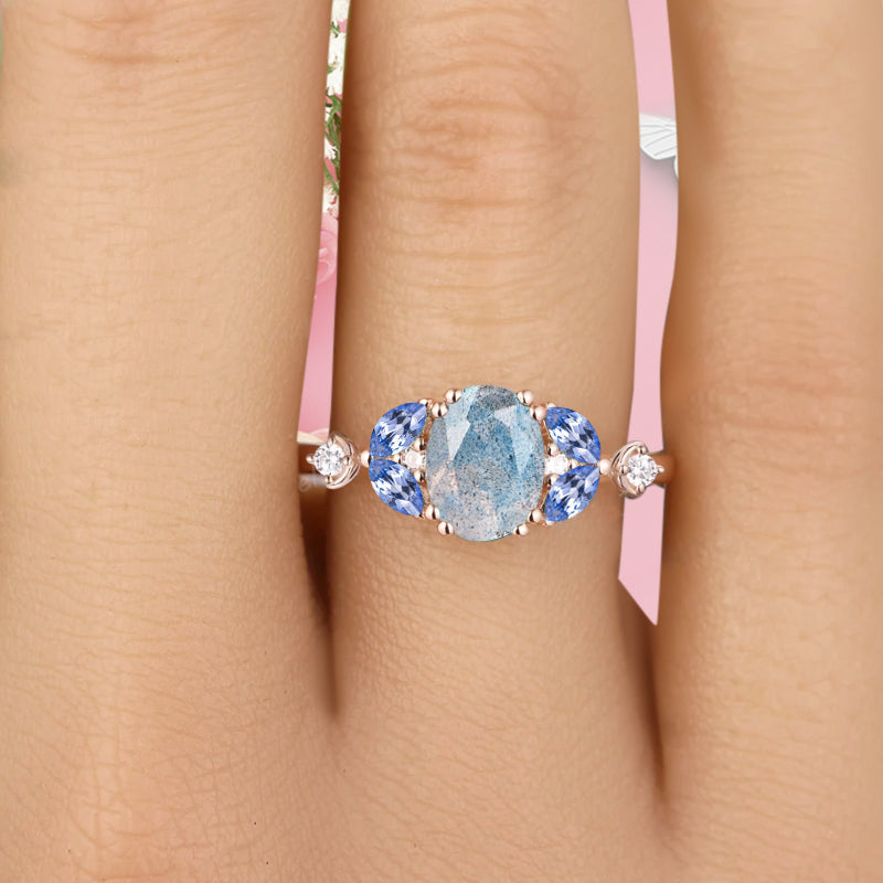 Vintage Oval Labradorite Engagement Ring Unique Blue Topaz Sidestones Oval Gemstone Promise Ring