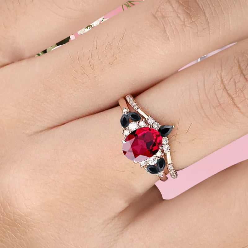 Vintage Oval Ruby Engagement Ring Set Unique Black Onyx Sidestones Oval Gemstone Promise Ring Set