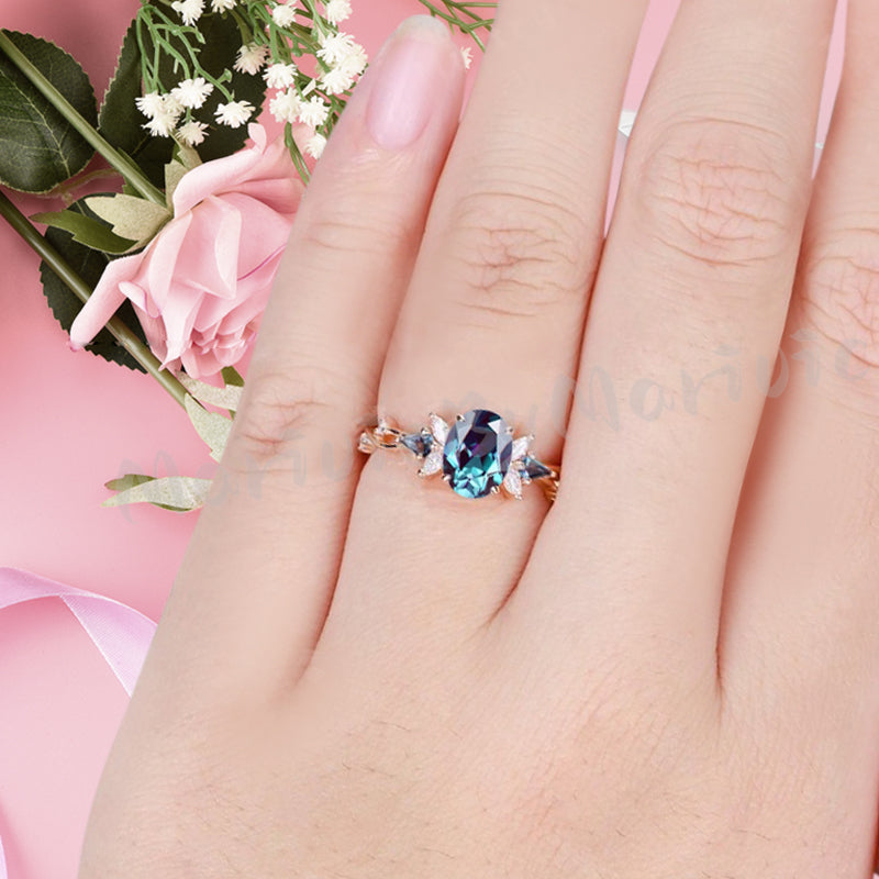 Vintage Alexandrite Engagement Ring 18K Rose Gold Oval Cut Natural Alexandrite Wedding Promise Ring Handmade Ring Anniversary Rings For Women Ver.3