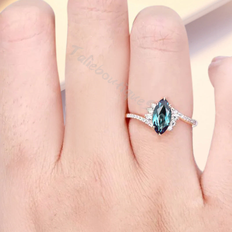 Marquise cut Alexandrite Engagement ring Vintage Rose gold Art Deco Botanical Marquise Moissanite Promise Bridal Anniversary Ring for Women