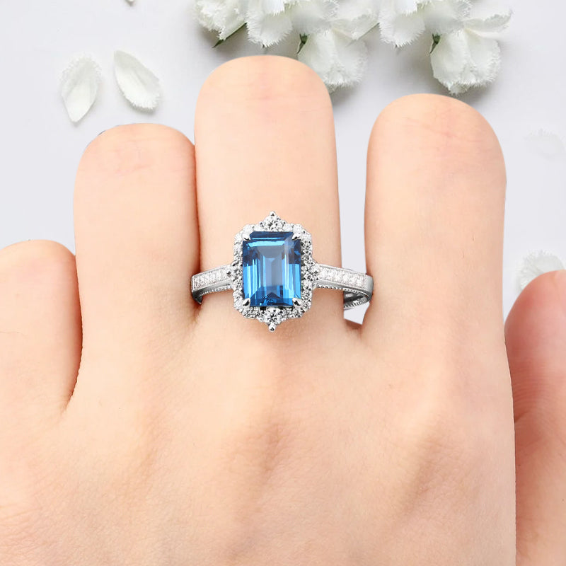 Vintage Birnenform Aquamarin Verlobungsring Set Unikat Versprechen Brautring Set Jubiläumsgeschenk