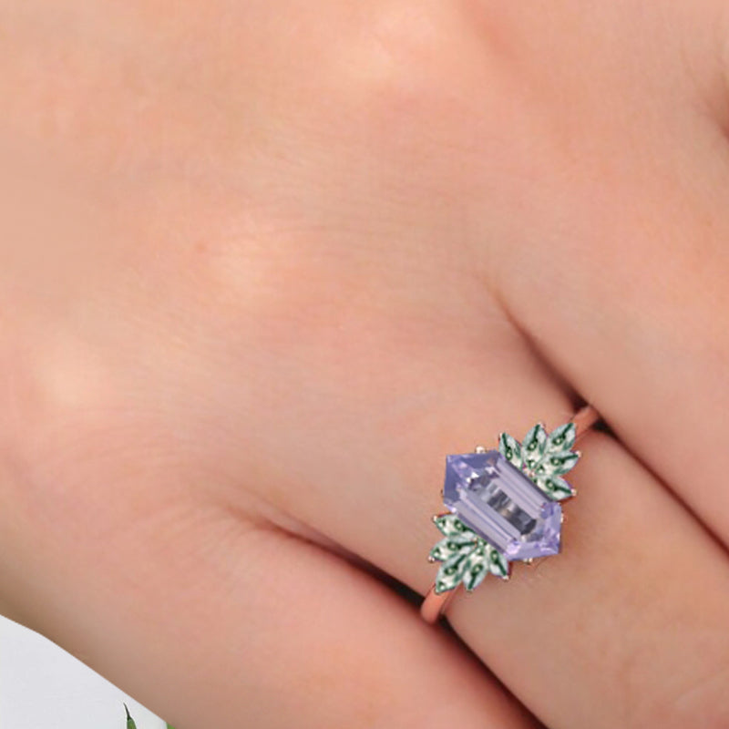 Vintage Hexagon Cut Amethyst Engagement Ring Moss Agate Wedding Ring Art Deco Rose Gold Dainty Bridal Ring Anniversary Ring