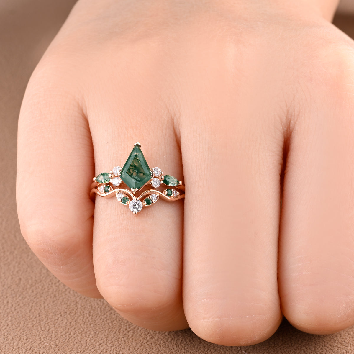 Vintage Kite Cut Moss Agate Engagement Ring Set Unique Moss Agate & Moissanite Gemstone Promise Bridal Ring Set