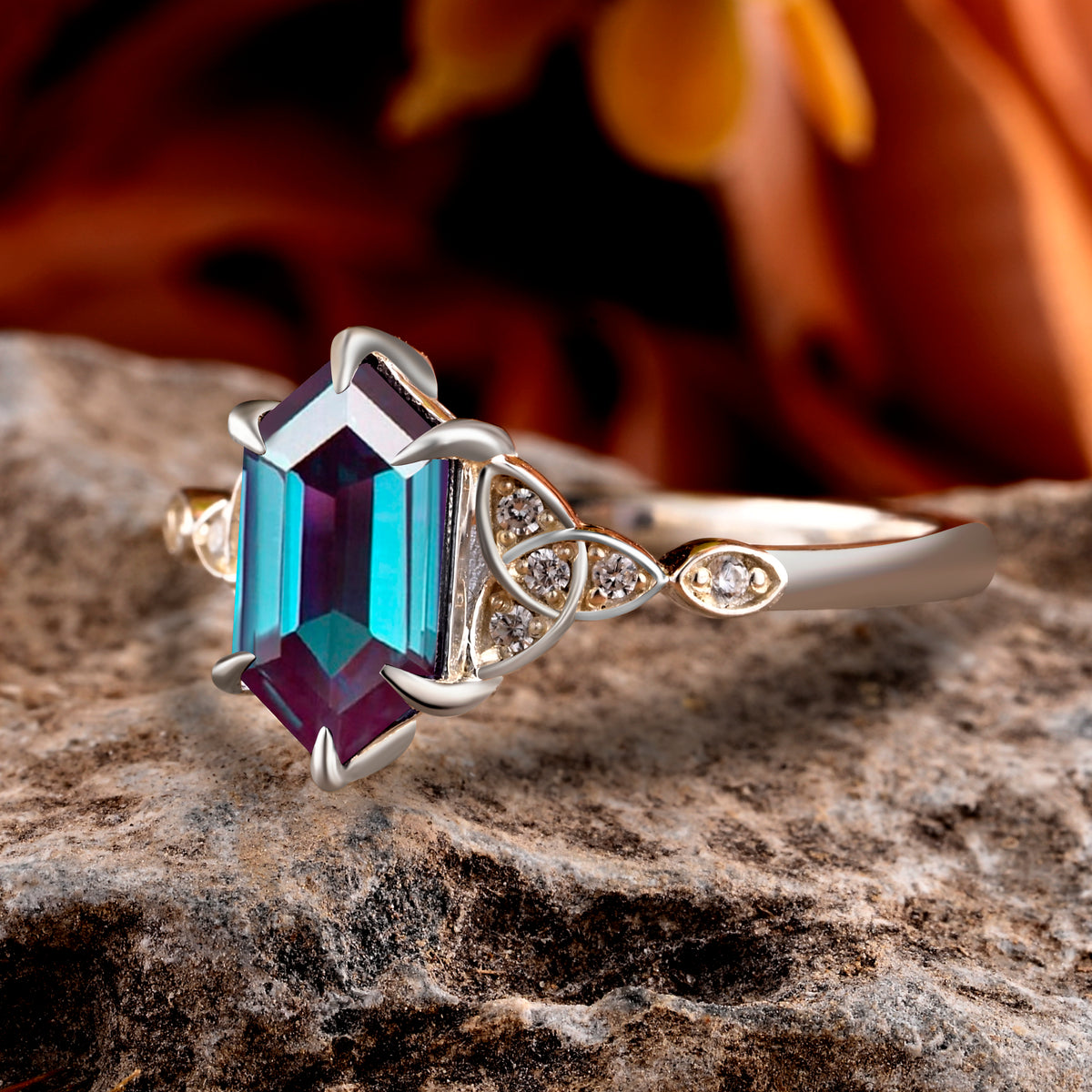 Hexagon Cut Alexandrite Engagement Bridal Ring Moissanite Art Deco Promise Ring
