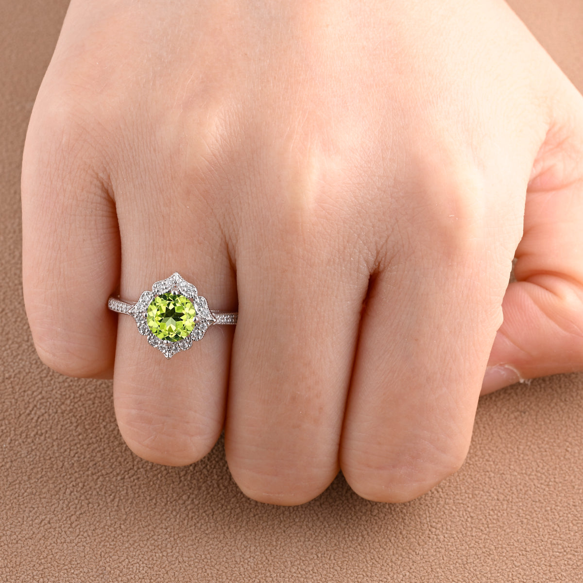 Vintage Peridot Wedding Ring Set Unique Round Cut Peridot Engagement Ring Art Deco Peridot Ring Green Gemstone Ring Anniversary Gift For Her