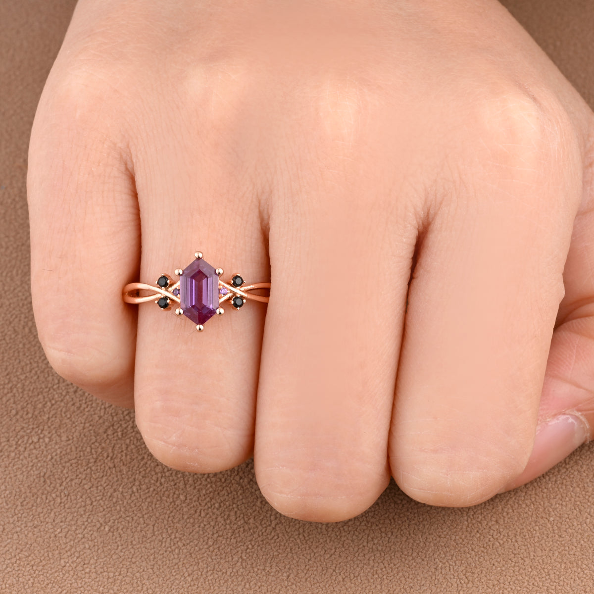 Vintage Hexagon Cut Amethyst Engagement Ring Moissanite Wedding Ring