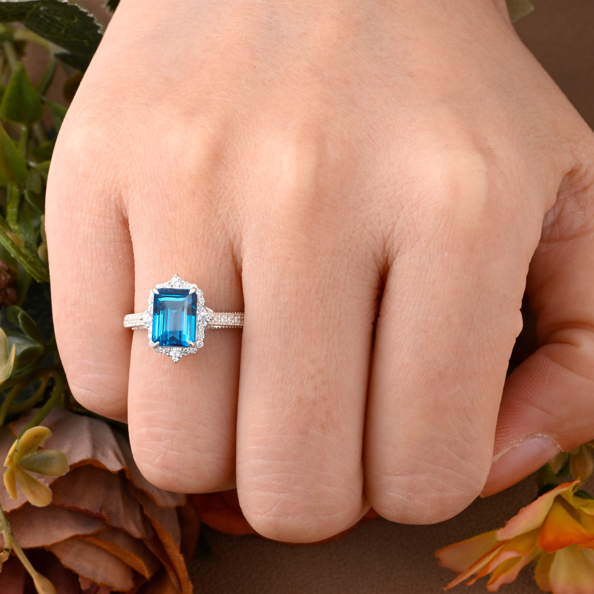 Blue Topaz Emerald Cut Ring Art Deco Handmade Octagon Gemstone Engagement Ring Personalized Jewelry Gift
