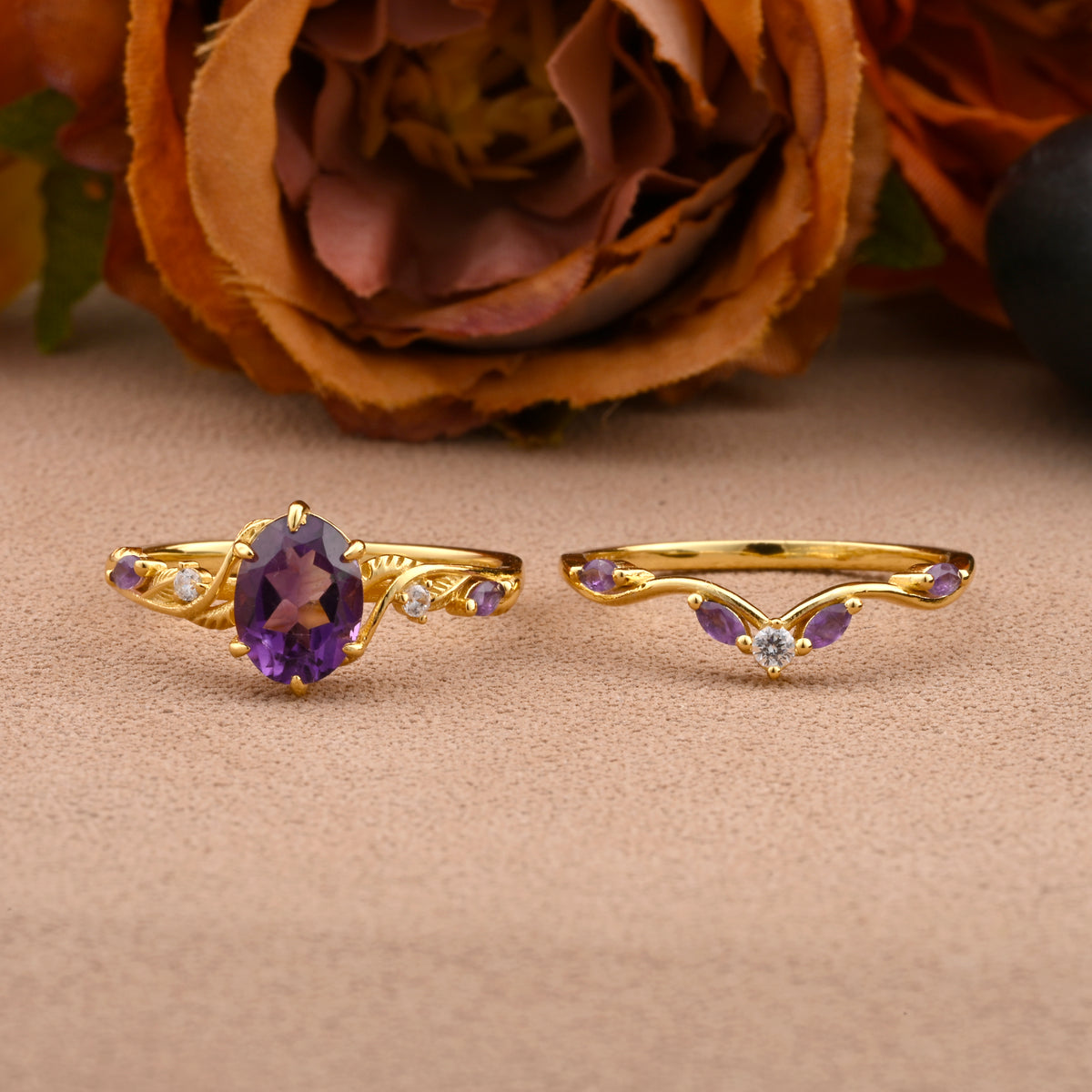 Vintage Oval Cut Amethyst Engagement Amethyst Ring Set Art Deco Bridal Ring Set Stackable Ring