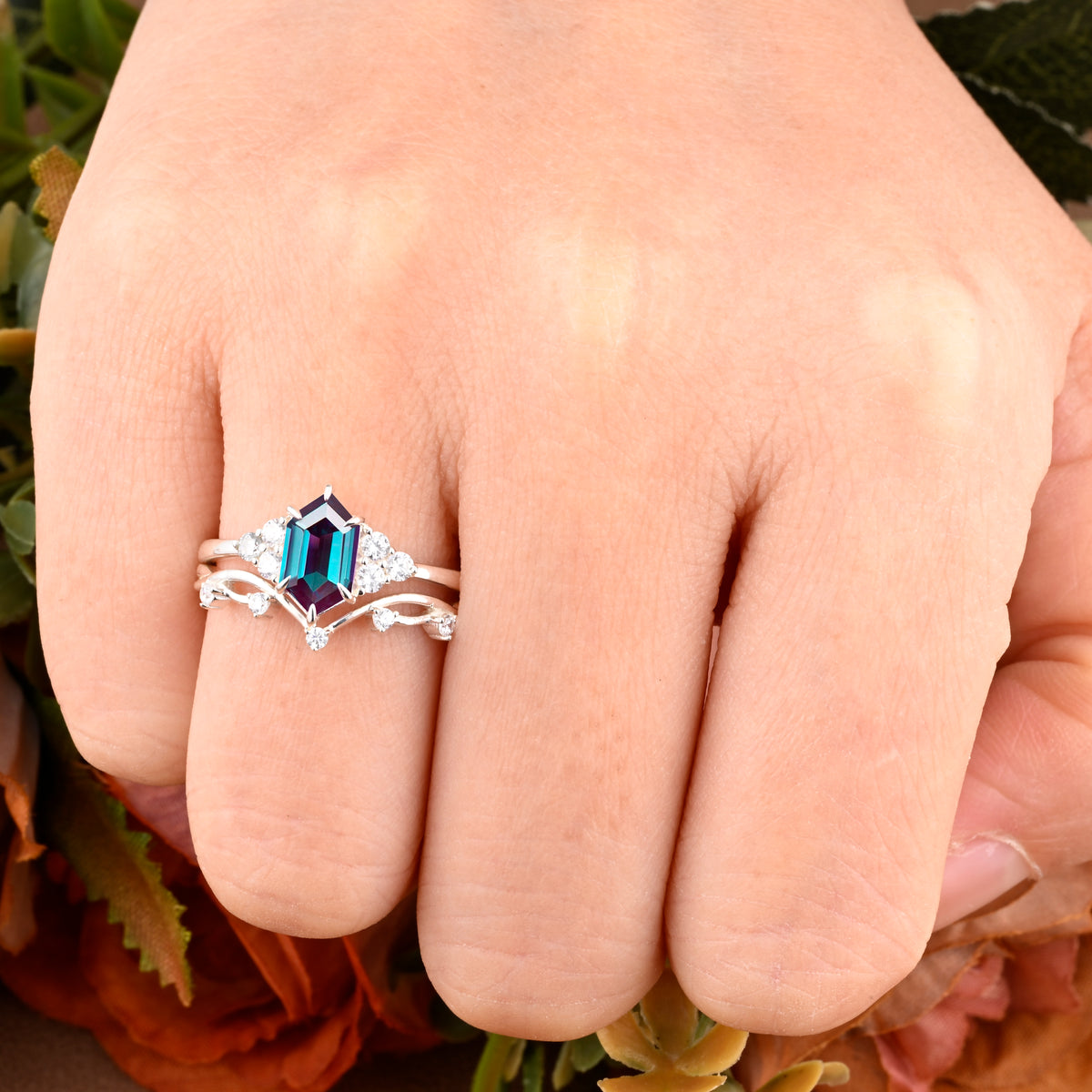 Vintage Hexagon Shape Alexandrite Engagement Ring Set Unique Alexandrite Gemstone Promise Bridal Ring Set Anniversary Gift