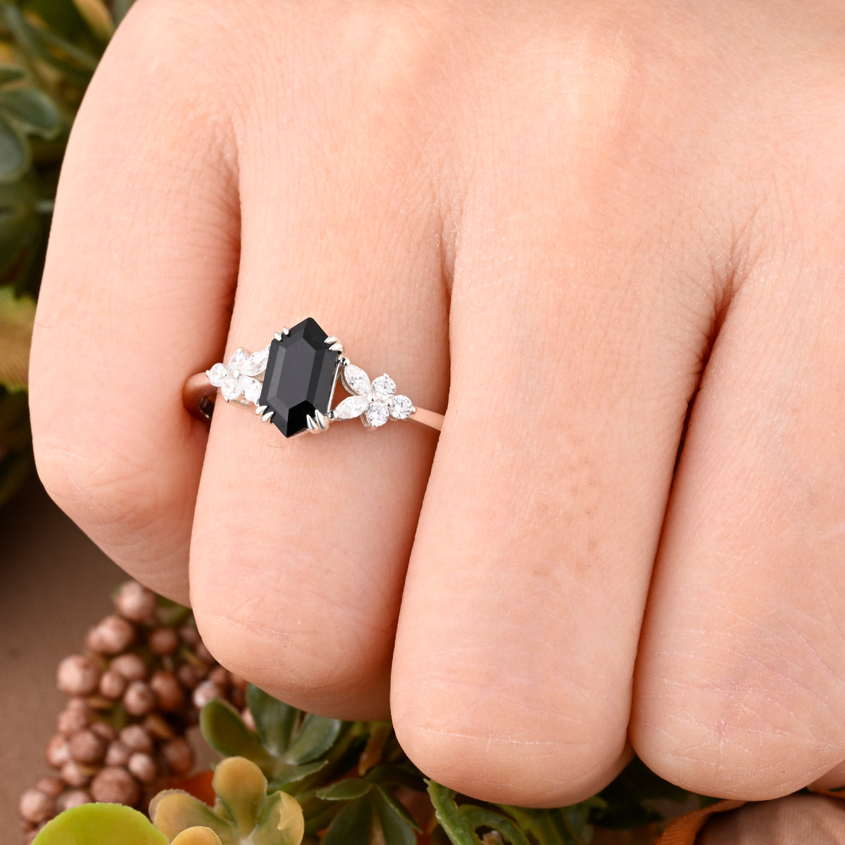 Vintage Hexagon Cut Black Onyx Gemstone Engagement Ring Moissanite Side Stone Wedding Promise Ring