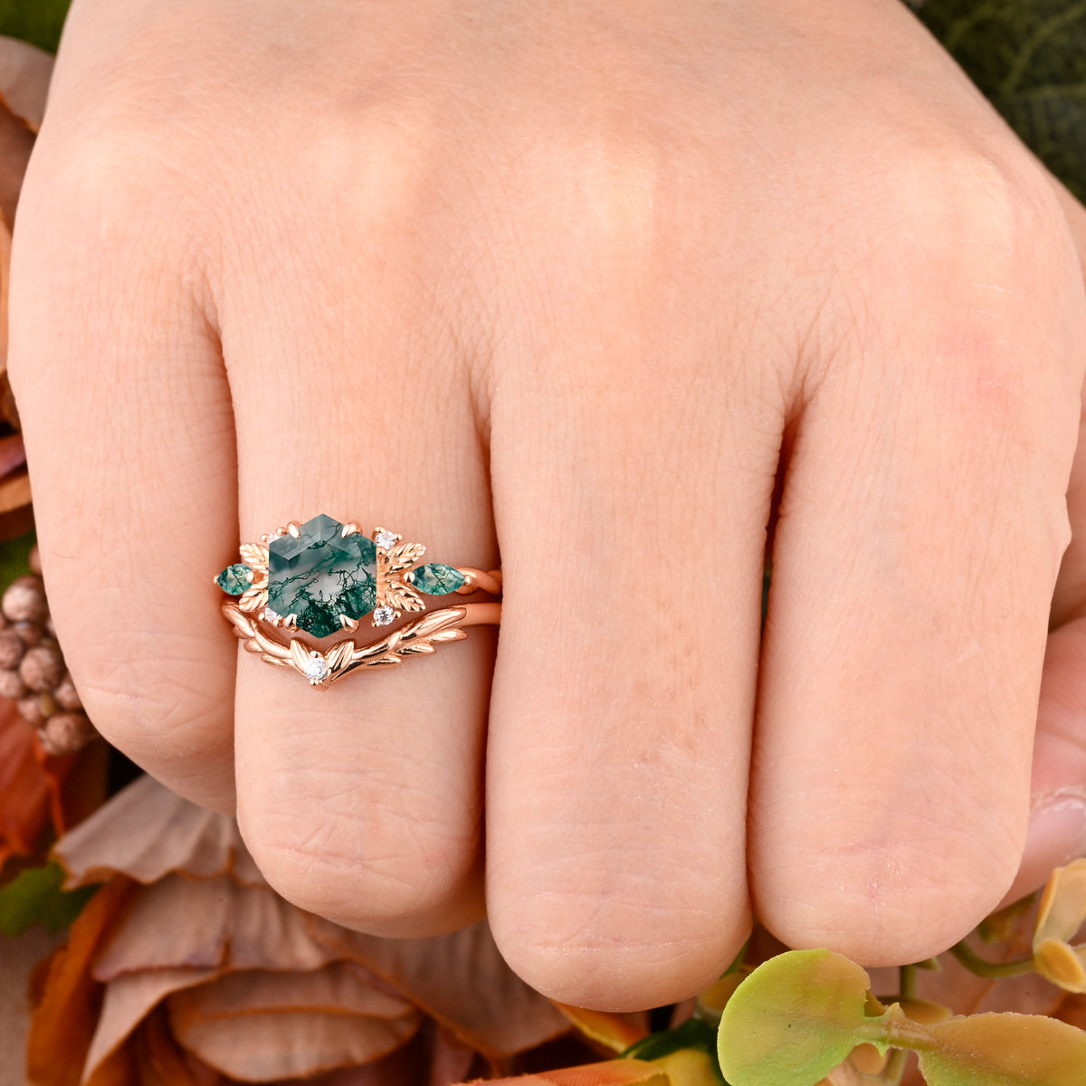 Vintage Moss Agate Engagement Ring Hexagon Cut Anniversary Ring Solid Gold Solitaire Unique Moss Agate Side Stone Ring for Women
