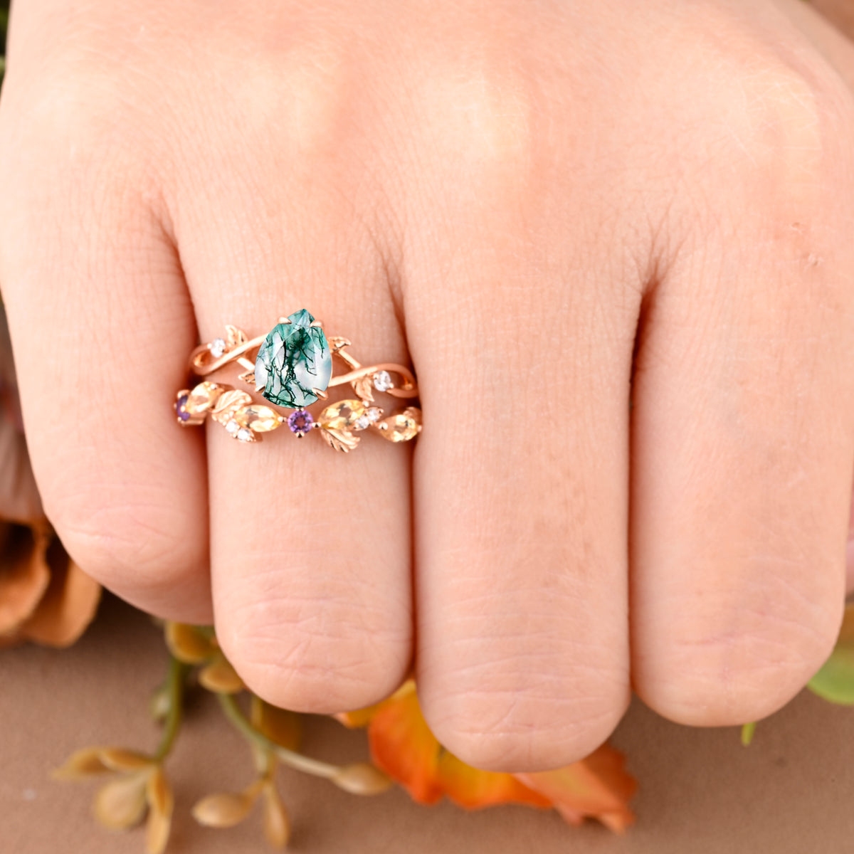 Vintage Birnenform Aquamarin Verlobungsring Set Unikat Versprechen Brautring Set Jubiläumsgeschenk