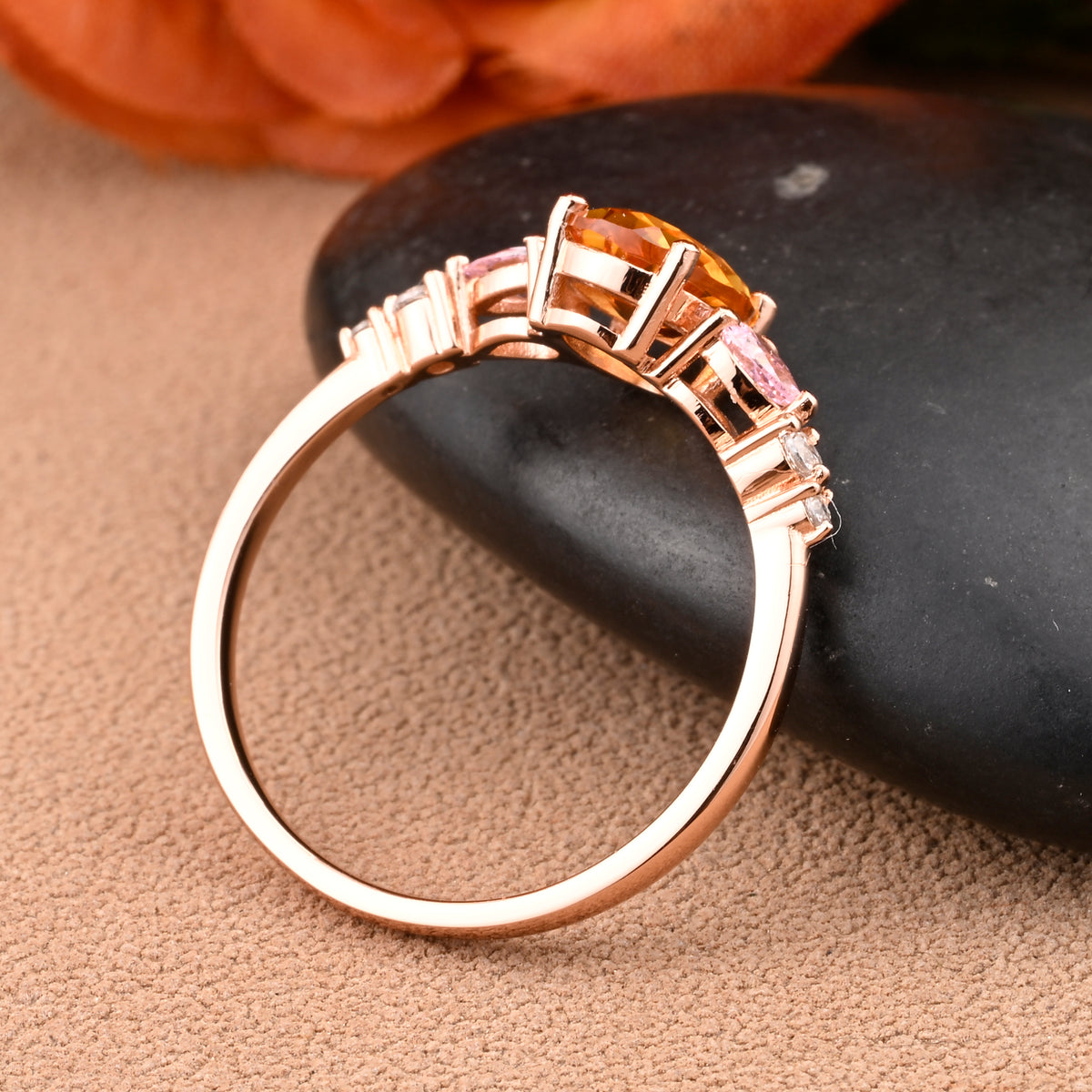 Vintage Oval Citrine Engagement Ring Unique Pink Sapphire Sidestones Oval Gemstone Promise Ring
