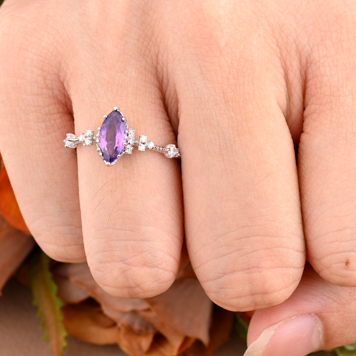 Marquise Cut Amethyst Ring Vintage Solid Gold Engagement Ring Purple Amethyst Ring Unique Moissanite Bridal Wedding Anniversary Gift For Her
